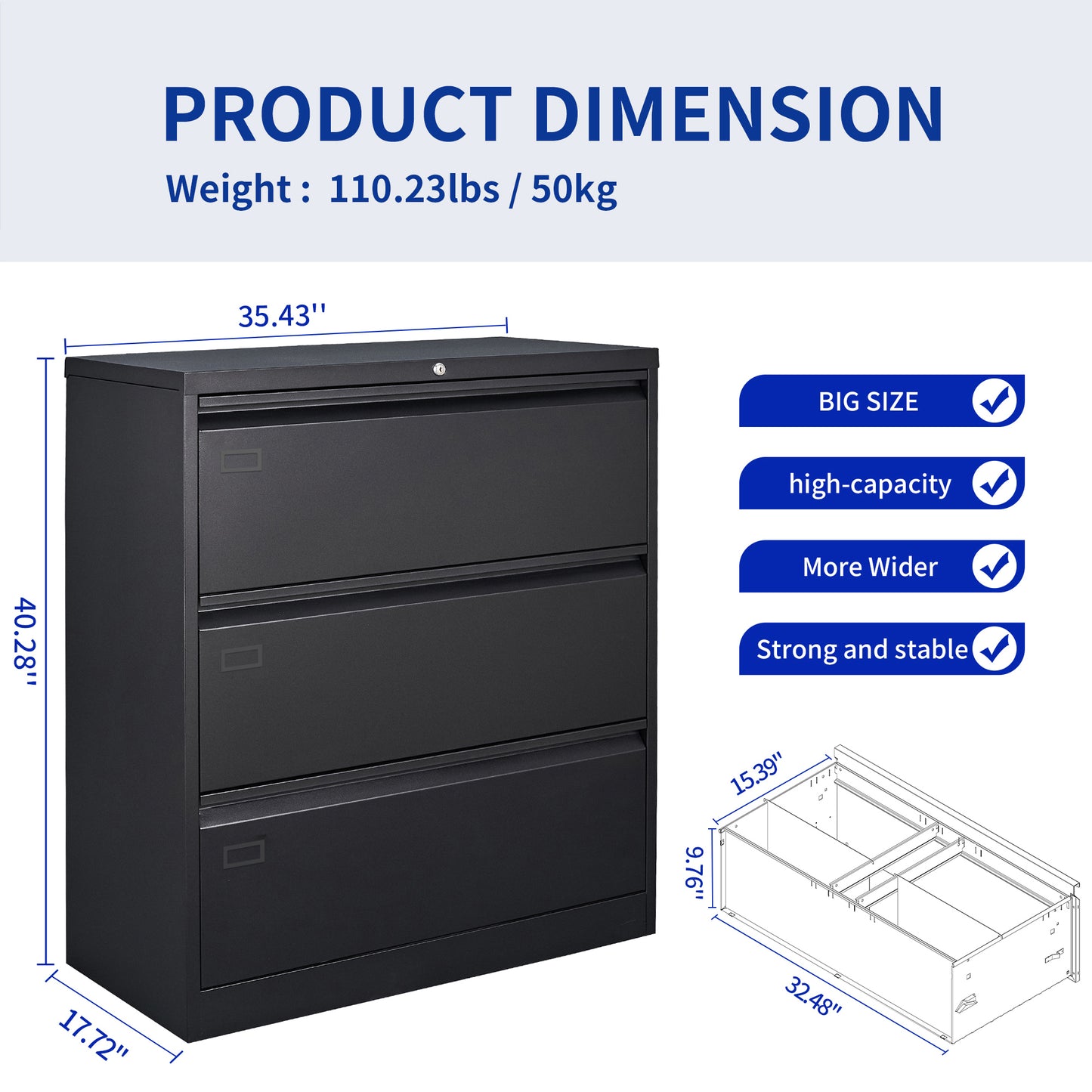 Steel 3 Drawer Lateral Filing Cabinet - Black