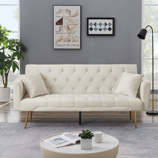 Tasa Velvet Futon Sofa Bed with Metal Legs & 2 Pillows - Beige