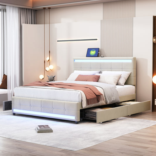 jono Full Size Upholstered Bed with LED Light - Beige