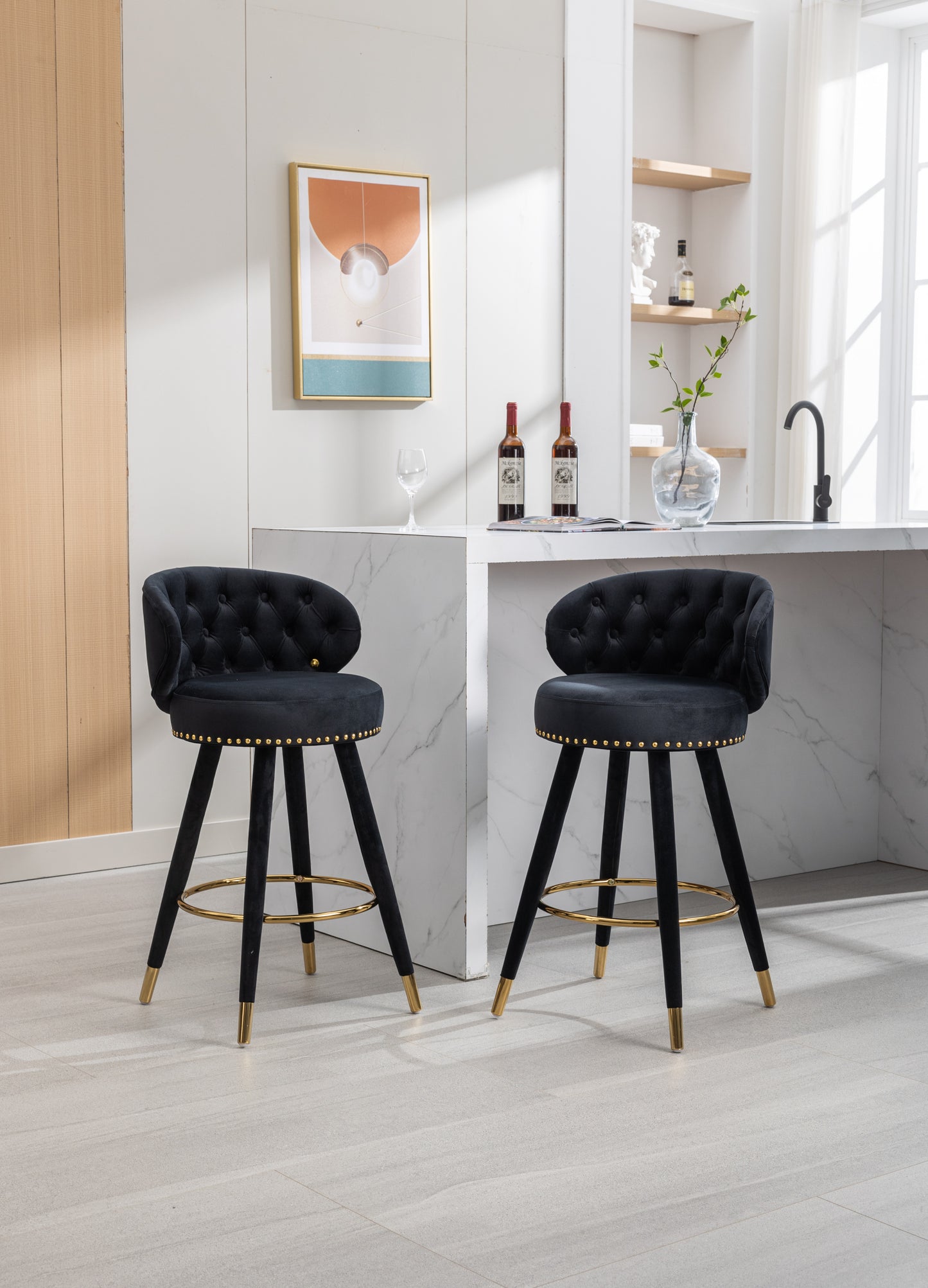 Emma Bar Stools with Back and Footrest  - Black Set of 2