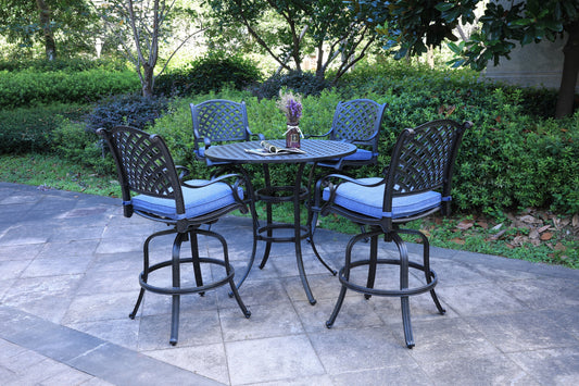 Neda 5 Pc 42" Aluminum Round Bar Height Dining Set with Cushions - Navy Blue