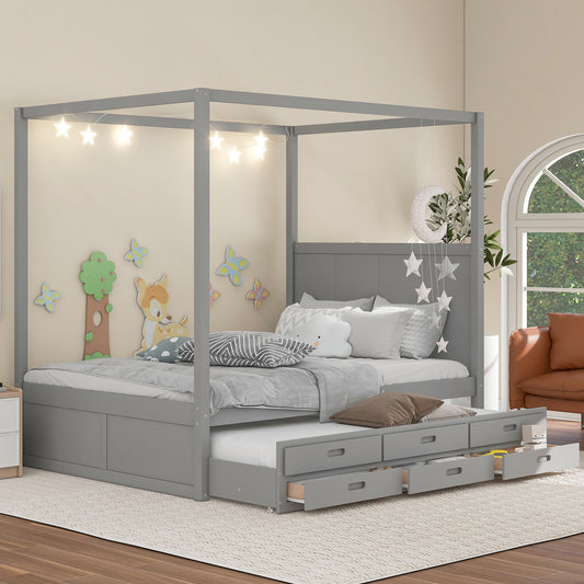 Elegant Haven Canopy Bed with Trundle and Storage, Gray