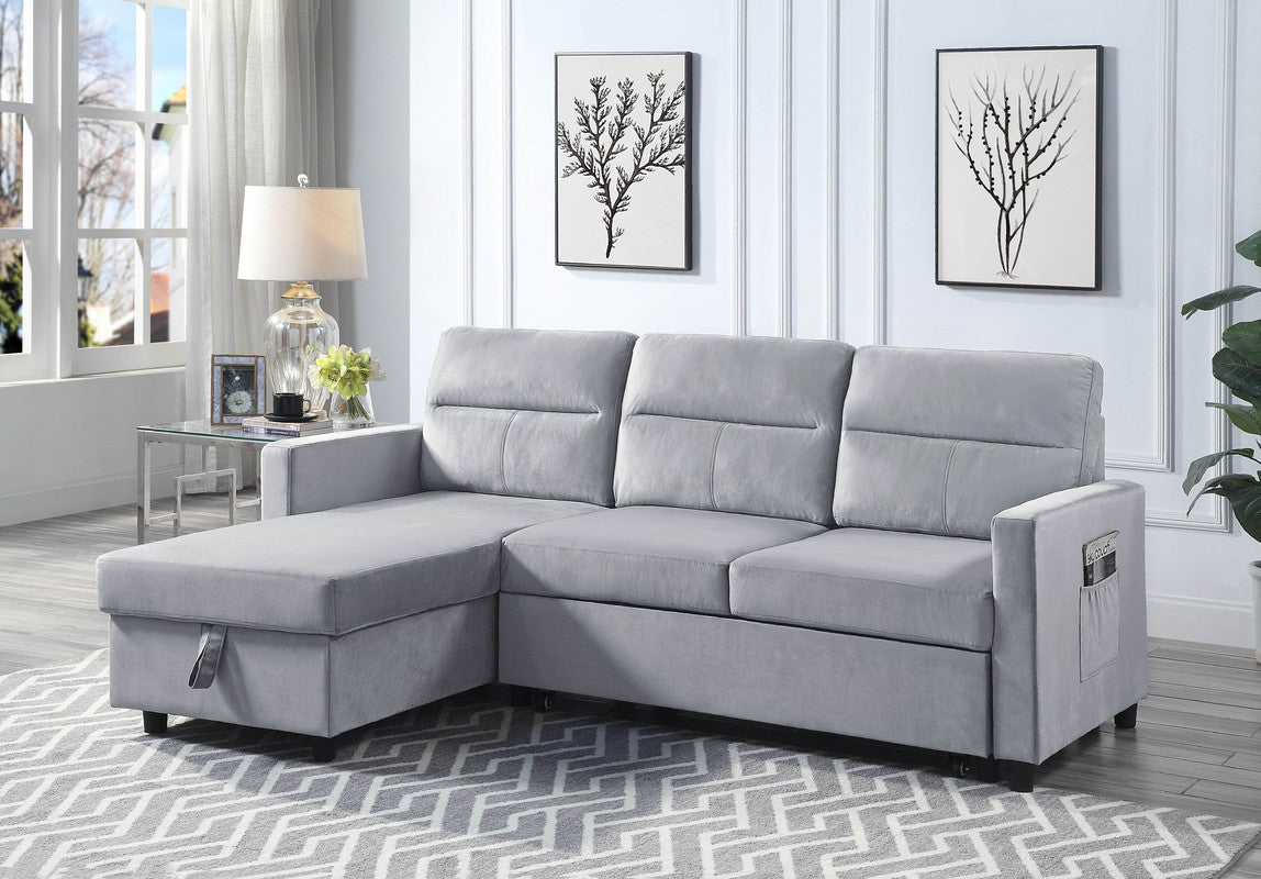 Ruby Velvet Reversible Sleeper Sectional Sofa with Storage Chaise - Light Gray