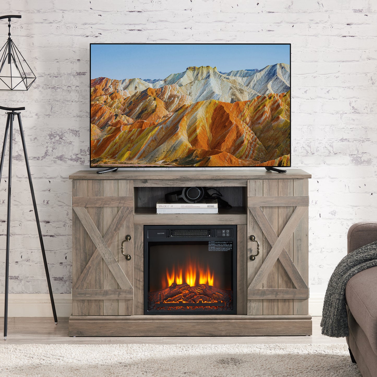 Utopia II Media TV Stand Entertainment Console with Electric Fireplace - Gray