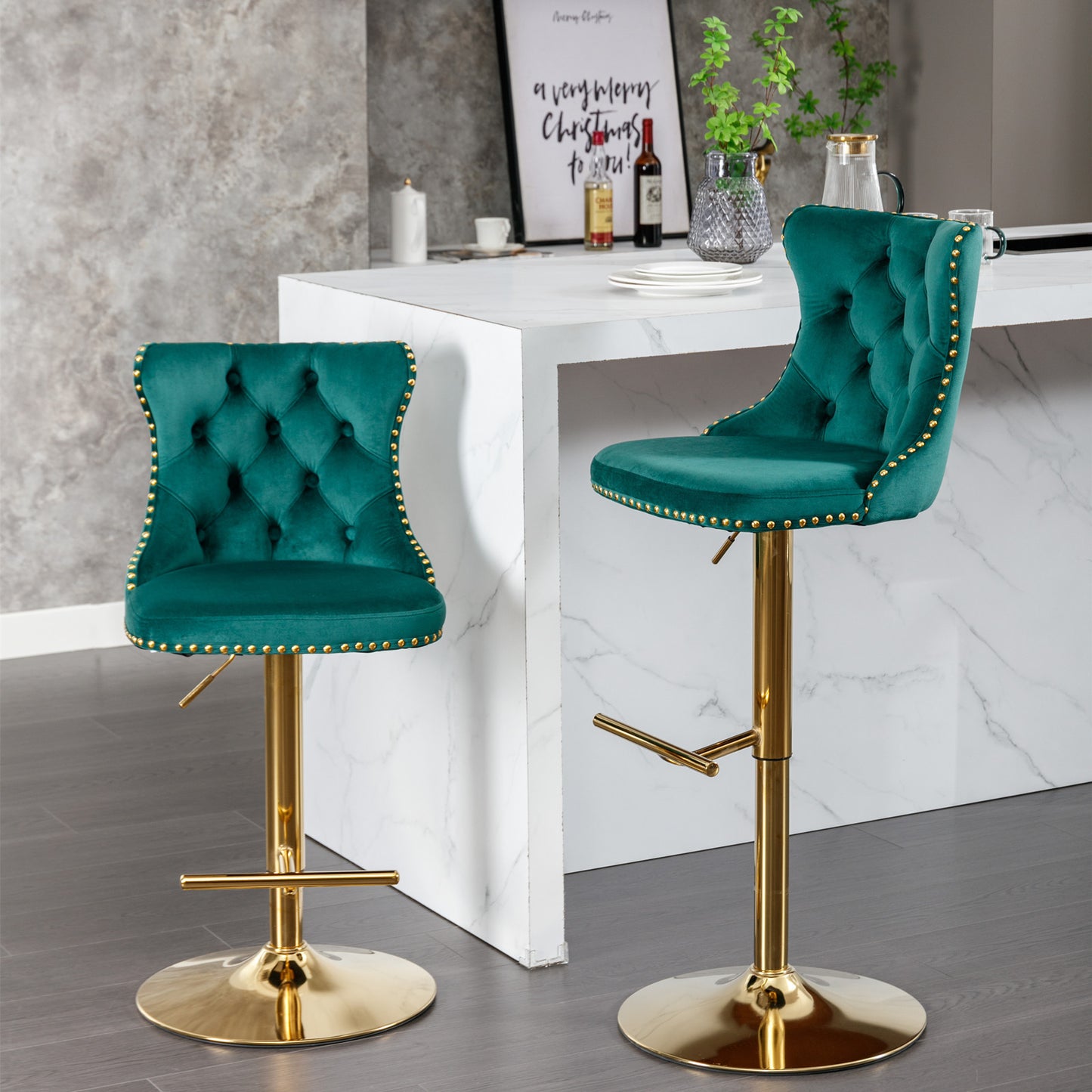 Stellar Golden Swivel Velvet Barstools Adjusatble Height - Green  Set of 2