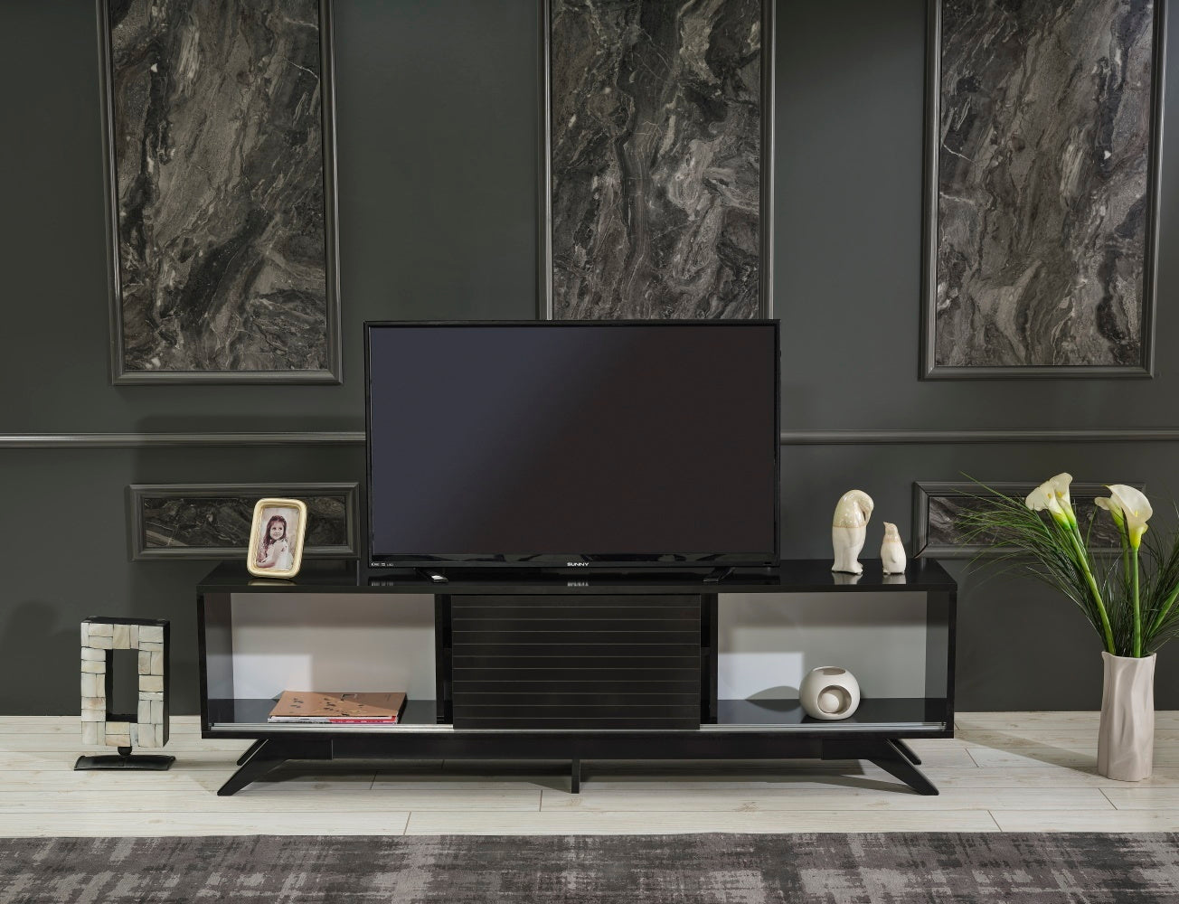 Luxia Mid Century Modern TV Stand 2 Sliding Door- Black