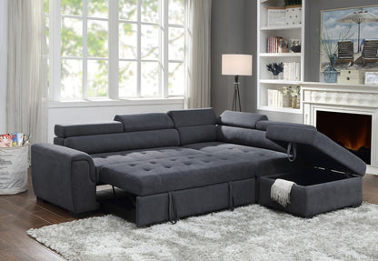 Haris Fabric Sleeper Sofa Sectional with Adjustable Headrest and Storage Ottoman -  Dark Gray