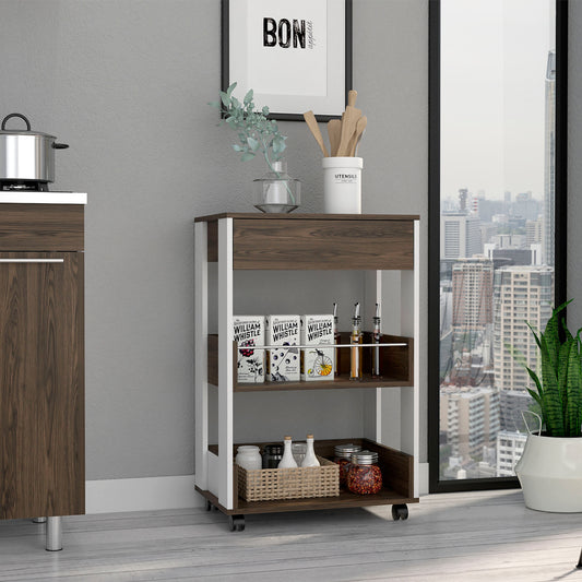 Verona Kitchen Cart Three Shelves, Four Casters - White + Dark Walnut