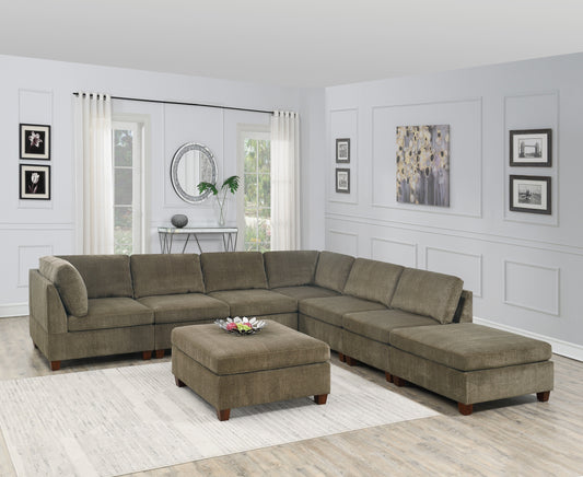 Verma Tan Chenille Modular Sectional 8pc Set 2x Corner Wedge 4x Armless Chairs and 2x Ottomans