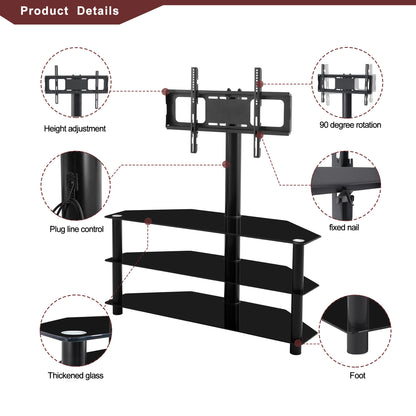 ElevateMax TV Stand: Black Multi-function Height Adjustable Bracket with Swivel and 3-Tier Storage