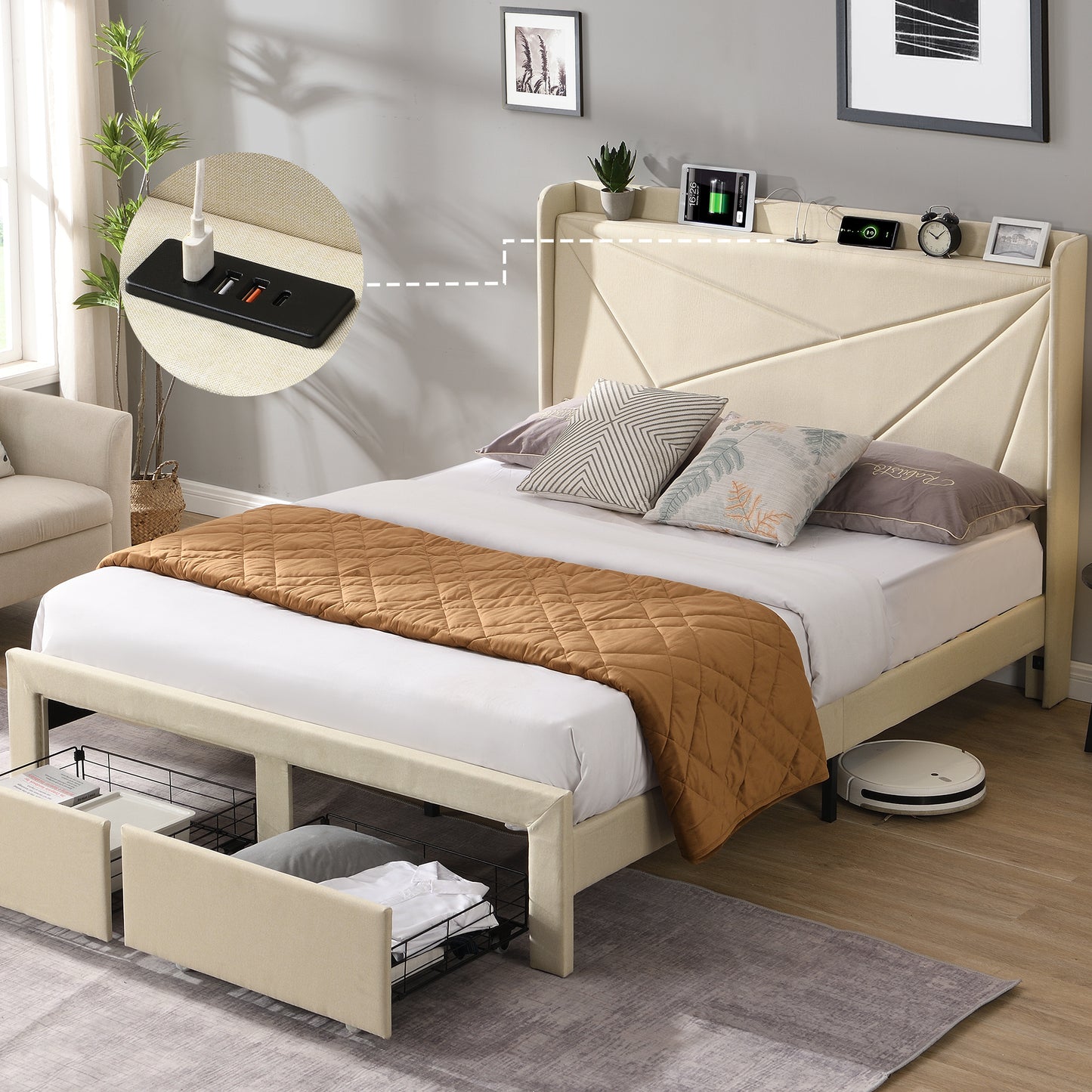 Craven Queen Size Bed Frame with 2 Storage Drawers - Beige