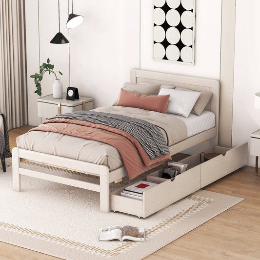 Neki Twin Size Platform Bed Frame with 2 Drawers - White