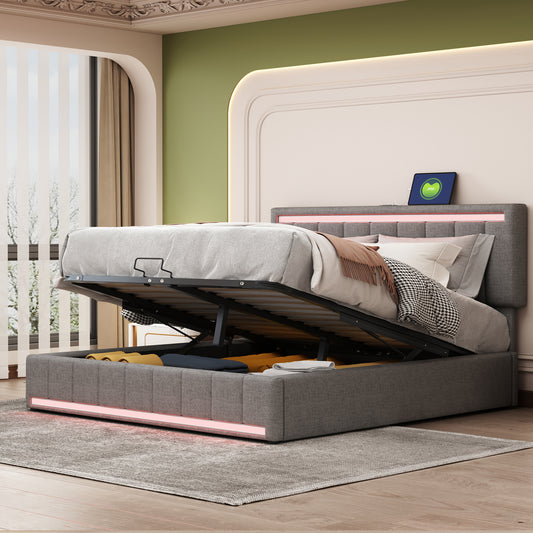 Vesper II Queen Size Platform Bed with Hydraulic Storage System - Gray