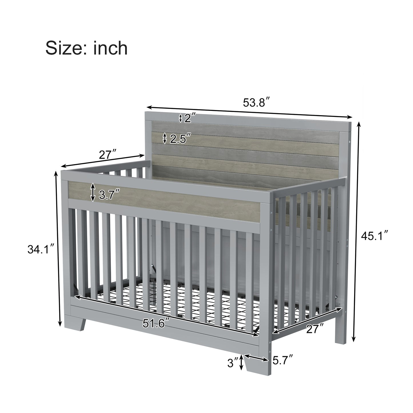 Solid Baby Crib Pine Non-Toxic  - Grey