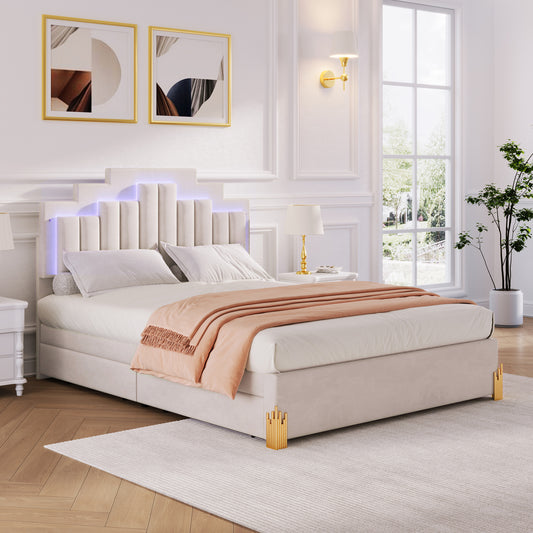 Neco Queen Size Platform Bed with LED and 4 Drawers - Beige