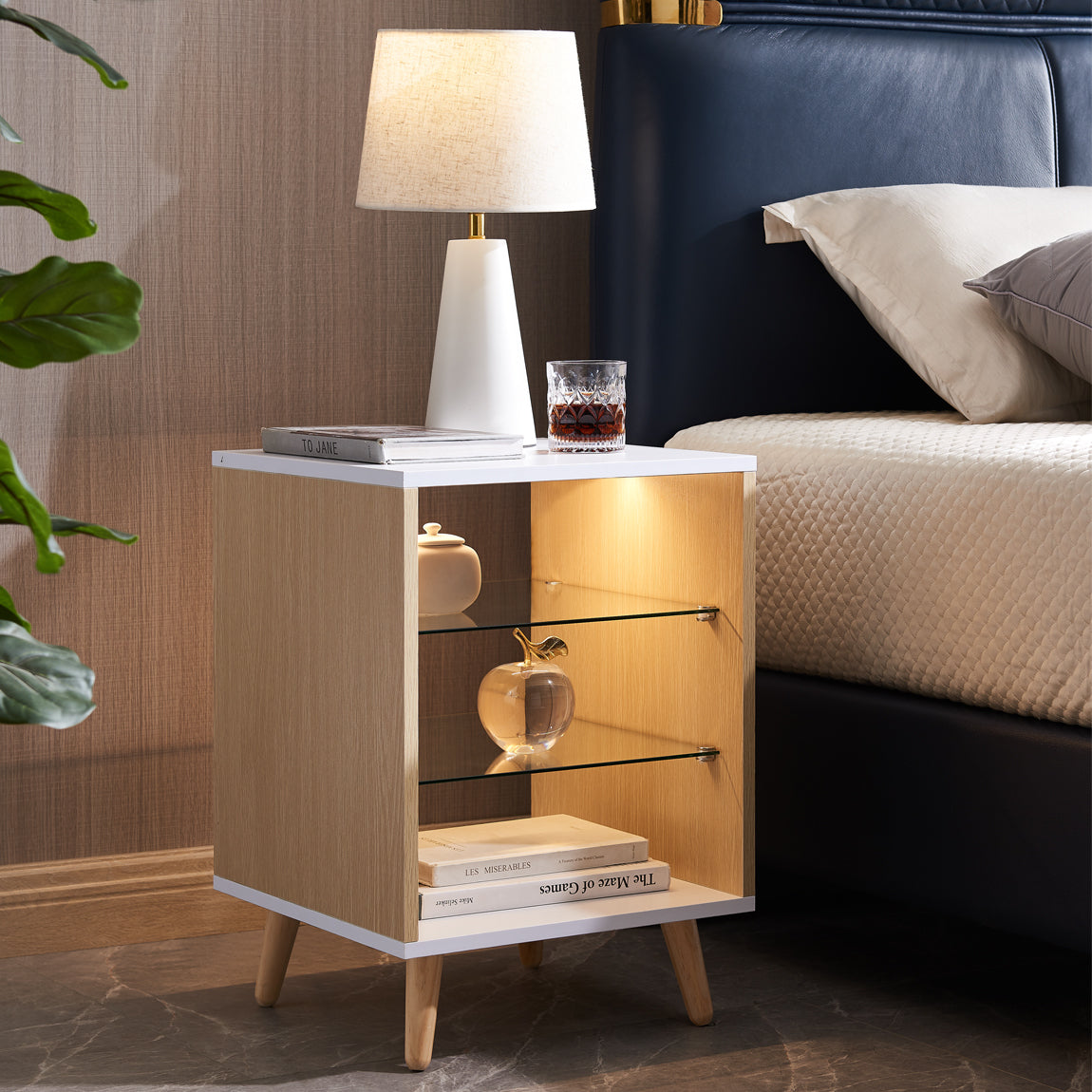 Vivo LED Nightstand with 2 Glass Shelves - Natural