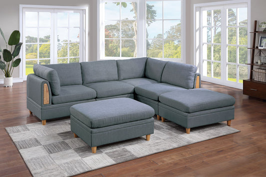 Felix 6pc Modular Sectional Sofa Set 2x Wedges 2x Armless Chair And 2x Ottomans - Steel Gray