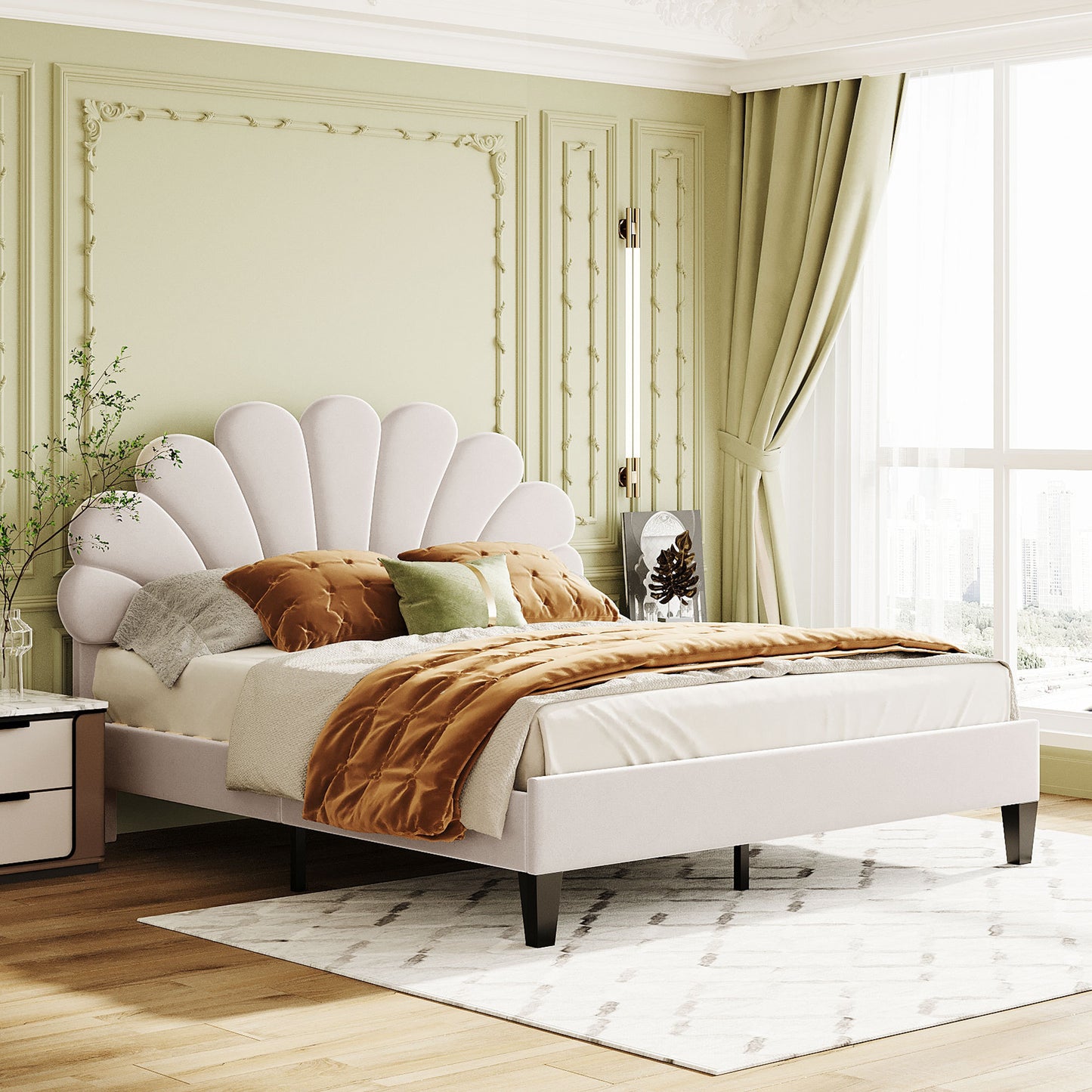 Floral Bliss Queen Size Velvet Platform Bed Frame - Beige