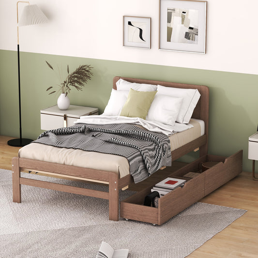 Neki Twin Size Platform Bed Frame with 2 Drawers - Walnut