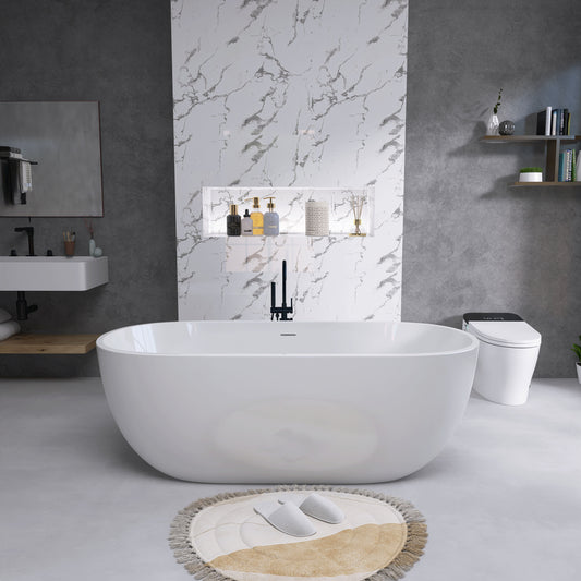 Hana 65" Oval Shape  Acrylic Freestanding  Soaking Bathtub - Gloss White