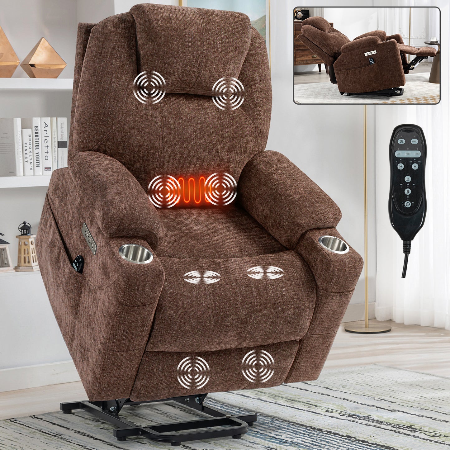 Okin Power Lift Chenille Recliner Chair with Massage & Heat - Brown