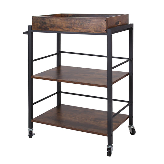 Tray Top Wooden Kitchen Cart with 2 Shelves and Casters - Brown & Black