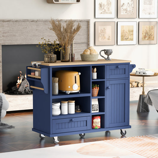 Retro Kitchen Island Cart with Storage Cabinet -Dark blue