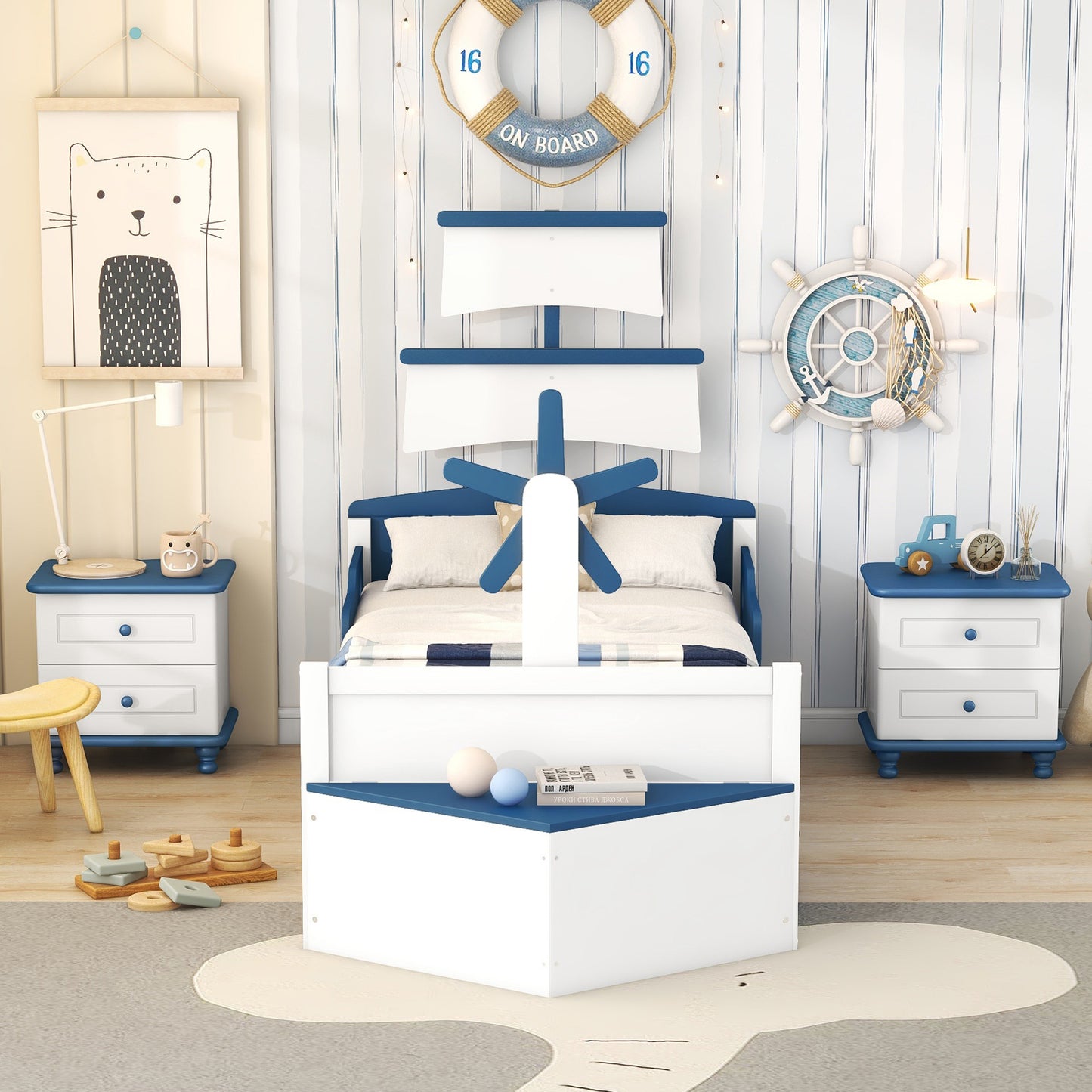 Seaside 3-Piece Bedroom Set: Twin Size Boat Platform Bed and Two Nightstands