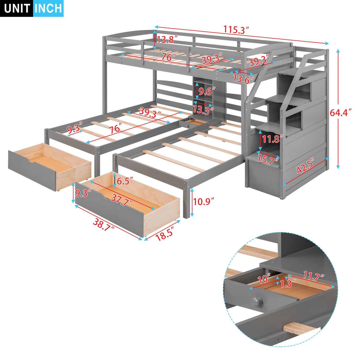 Family Set  Bunk Bed with Storage and Shelves