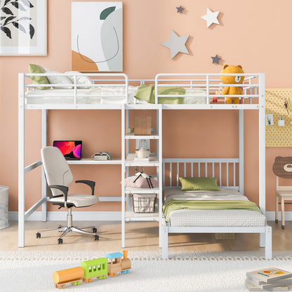 Harmony Haven Twin Loft Bed with Integrated Desk, Storage, and Staircase, Snow White