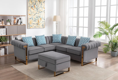 Maddie Velvet 5-Seater Sectional Sofa with Storage Ottoman - Gray