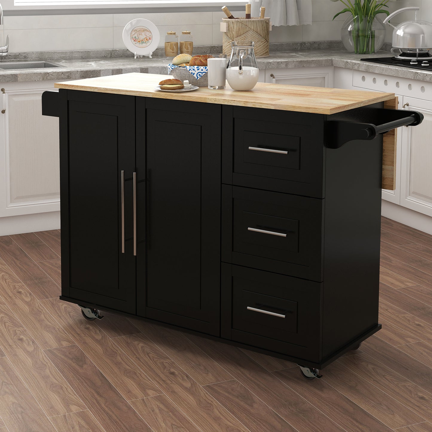 Artisan Kitchen Island with Solid Wood Table Top - Black