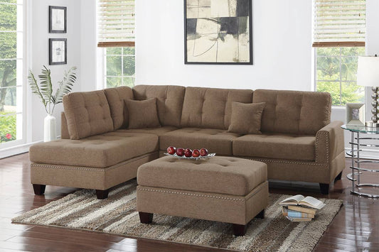 Amara 3pcs Sectional Reversible Chaise Sofa And Ottoman - Coffee