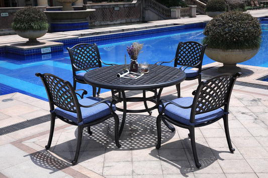 Neda 5 Pc 52" Aluminum Round Dining Set with Cushions - Navy Blue