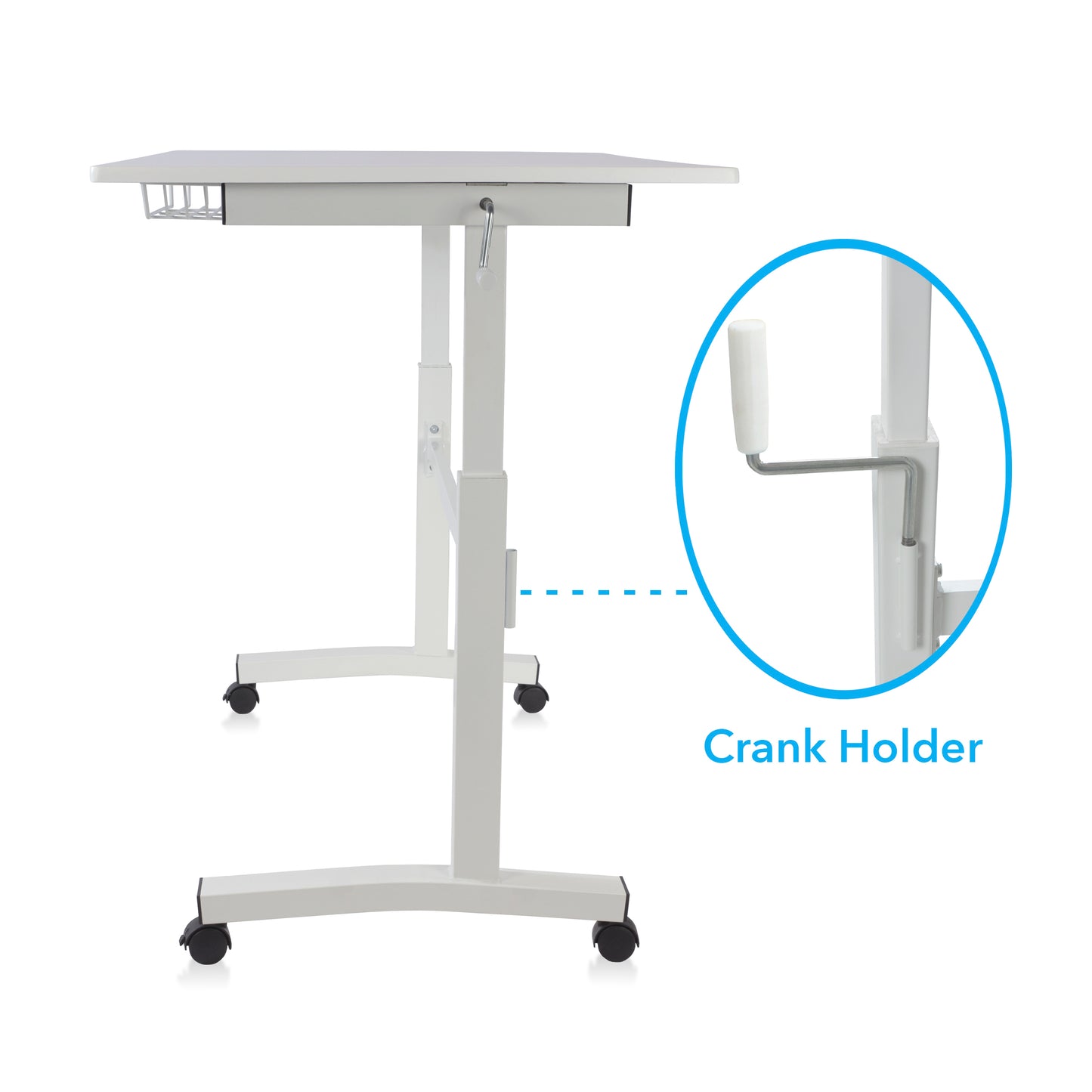 Atlantic Sit Stand Desk with Casters (Height Adjustable) with side crank   -  White