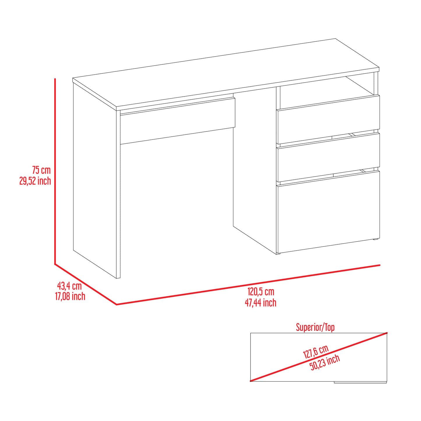 Noa Three Drawer Computer Desk One Shelf - Black