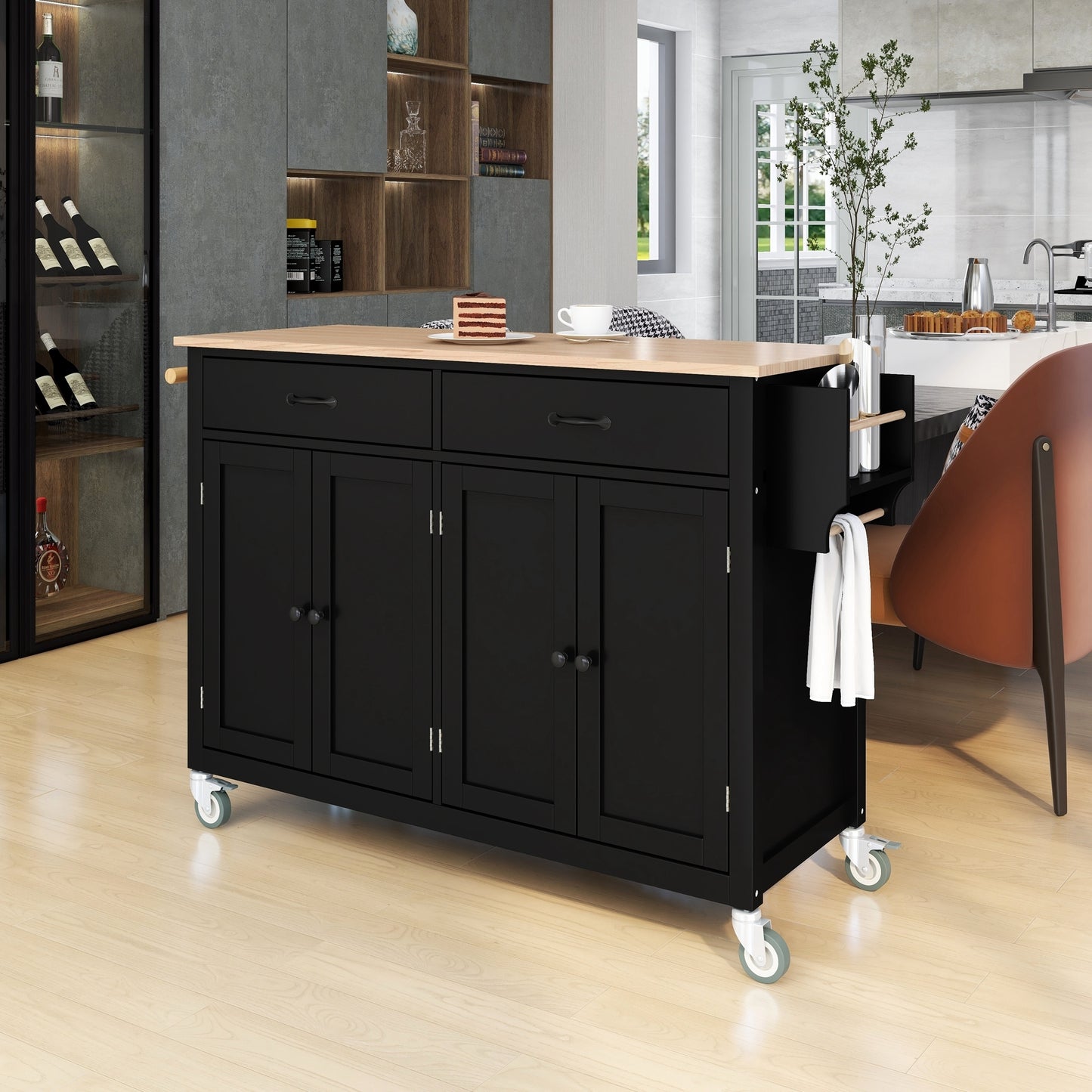 Granite Kitchen Island Cart with Solid Wood Top and Locking Wheels - Black