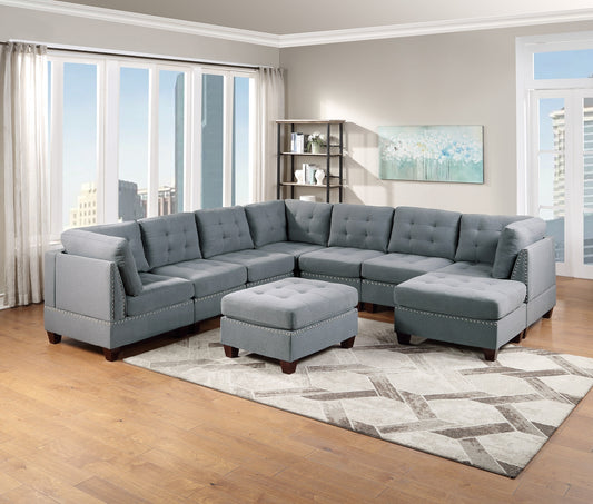 Eleni Modular Sectional 9pc Set 3x Corner Wedge 4x Armless Chairs and 2x Ottomans - Gray