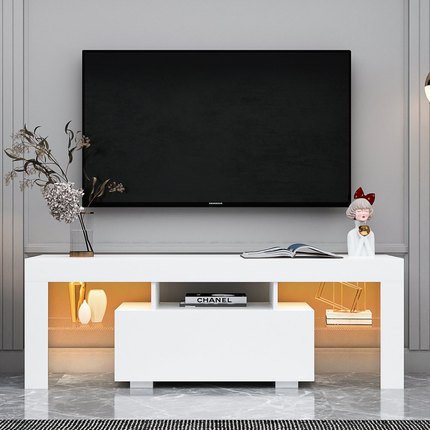 Prime Entertainment TV Stand with LED Light TV - White