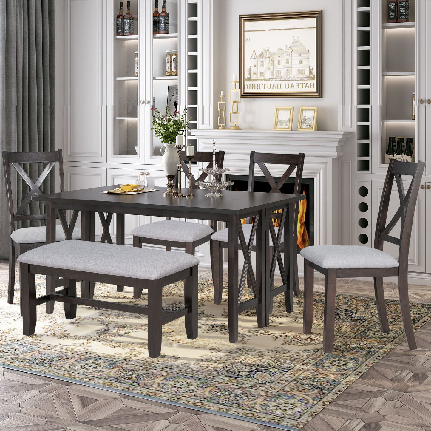 Stella 6pc Dining Set Solid Wood Table 4x Side Chairs And Bench - Espresso