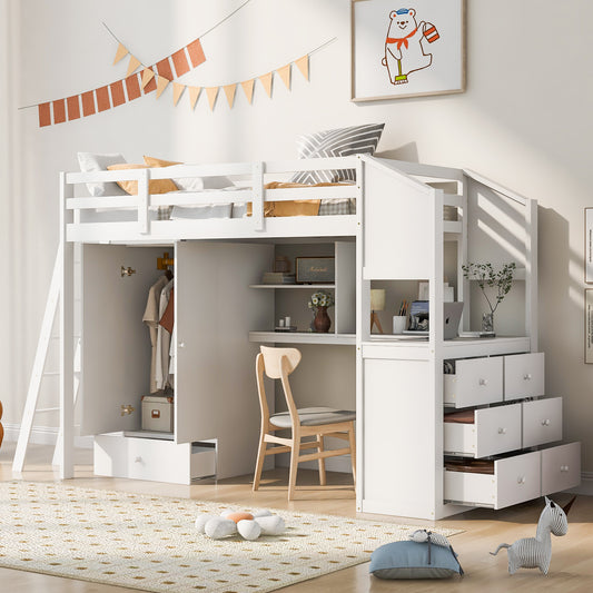 White Haven Loft Bed with Wardrobe and Desk
