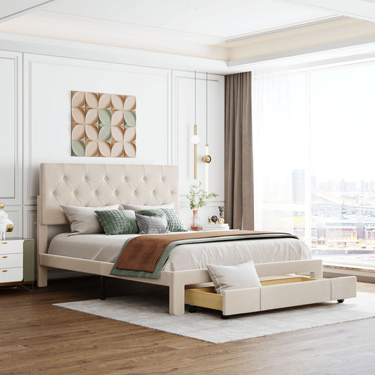 Helena Queen Size Velvet Platform Bed Frame - Beige