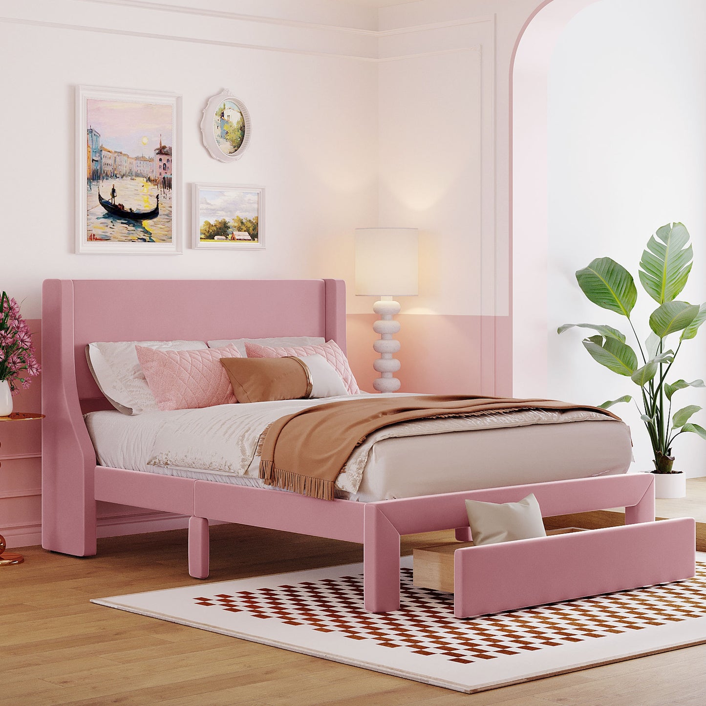 Renni Full Size Velvet Platform Bed Frame with Drawer - Pink