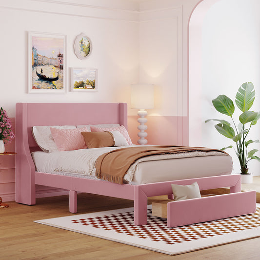 Renni Full Size Velvet Platform Bed Frame with Drawer - Pink