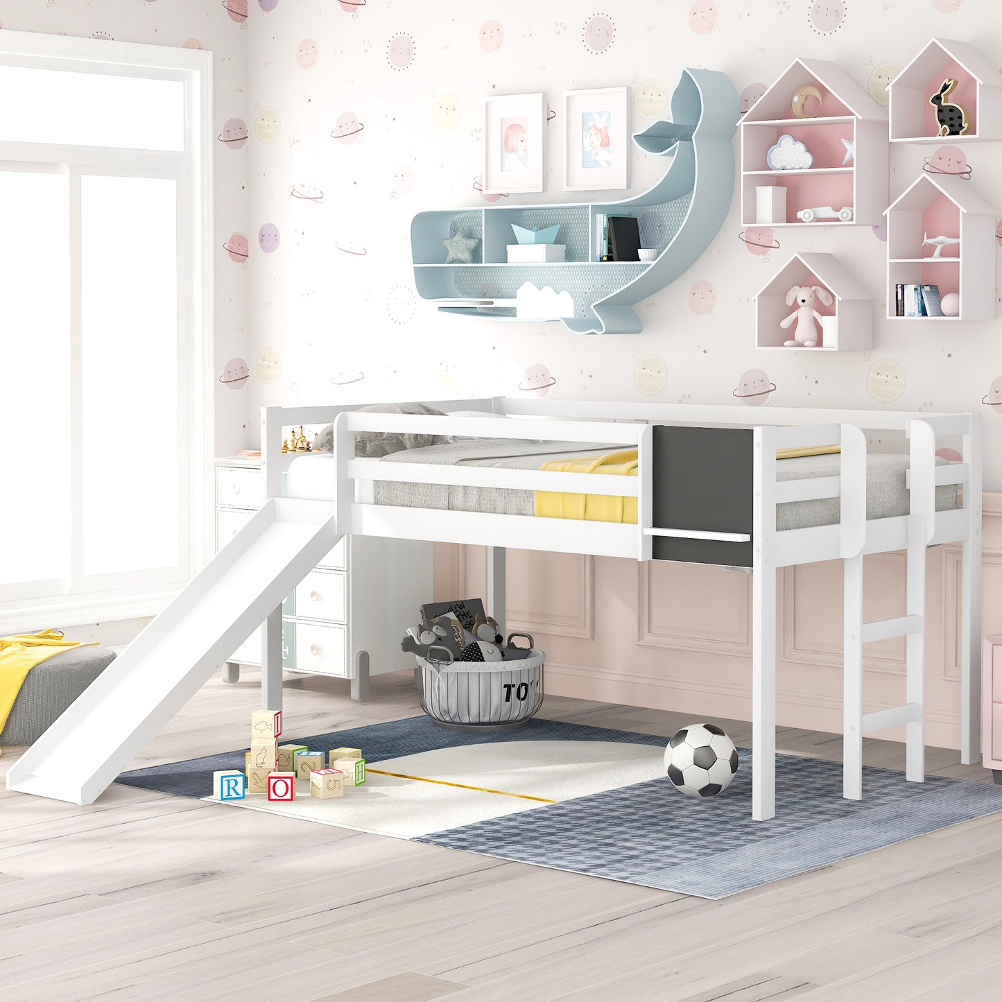 Wonderful White Twin Loft Bed with Slide, Stair and Chalkboard