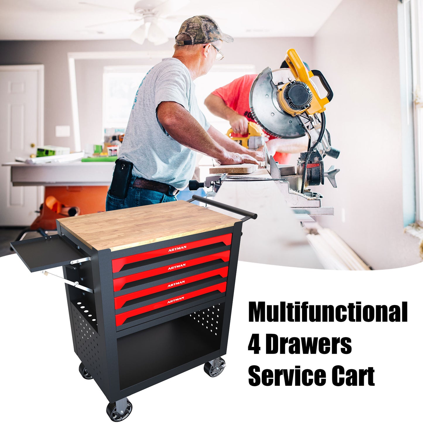 Master 4 Drawers Multifunctional Tool Cart With Wheels and Wooden Top