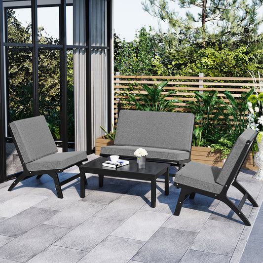 4 Pc Acacia Solid Wood Outdoor Seats Set - Black+Gray