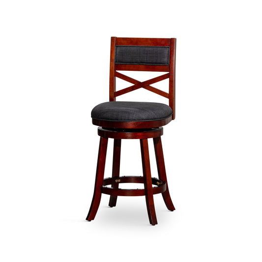 Counter Height X-Back Swivel Stool, Cherry Finish, Charcoal Fabric Seat