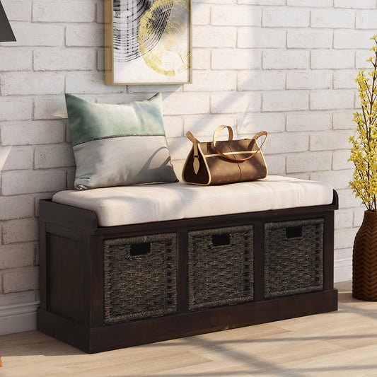 Bella Storage Bench with 3 Removable Classic Rattan Basket - Espresso