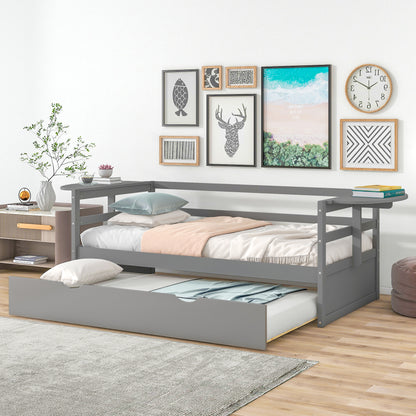 Tumo Twin Size Daybed with Trundle and Foldable Shelves - Gray